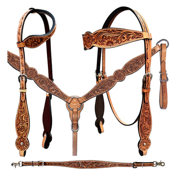 Bar H Equine Genuine Western American Leather Horse Premium Headstall & Breast Collar Set